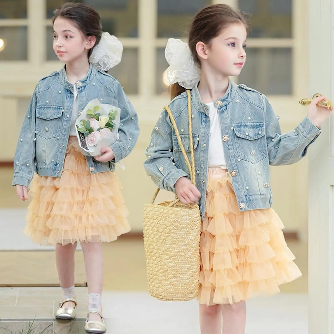 Girls' Classic Pearls Denim Jackets Kids Button Down Jeans Jacket Top Coat Outwear