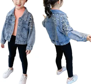 Girls' Classic Pearls Denim Jackets Kids Button Down Jeans Jacket Top Coat Outwear