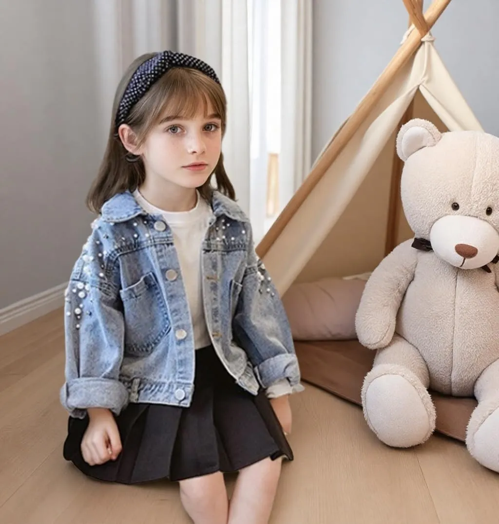 Girls' Classic Pearls Denim Jackets Kids Button Down Jeans Jacket Top Coat Outwear