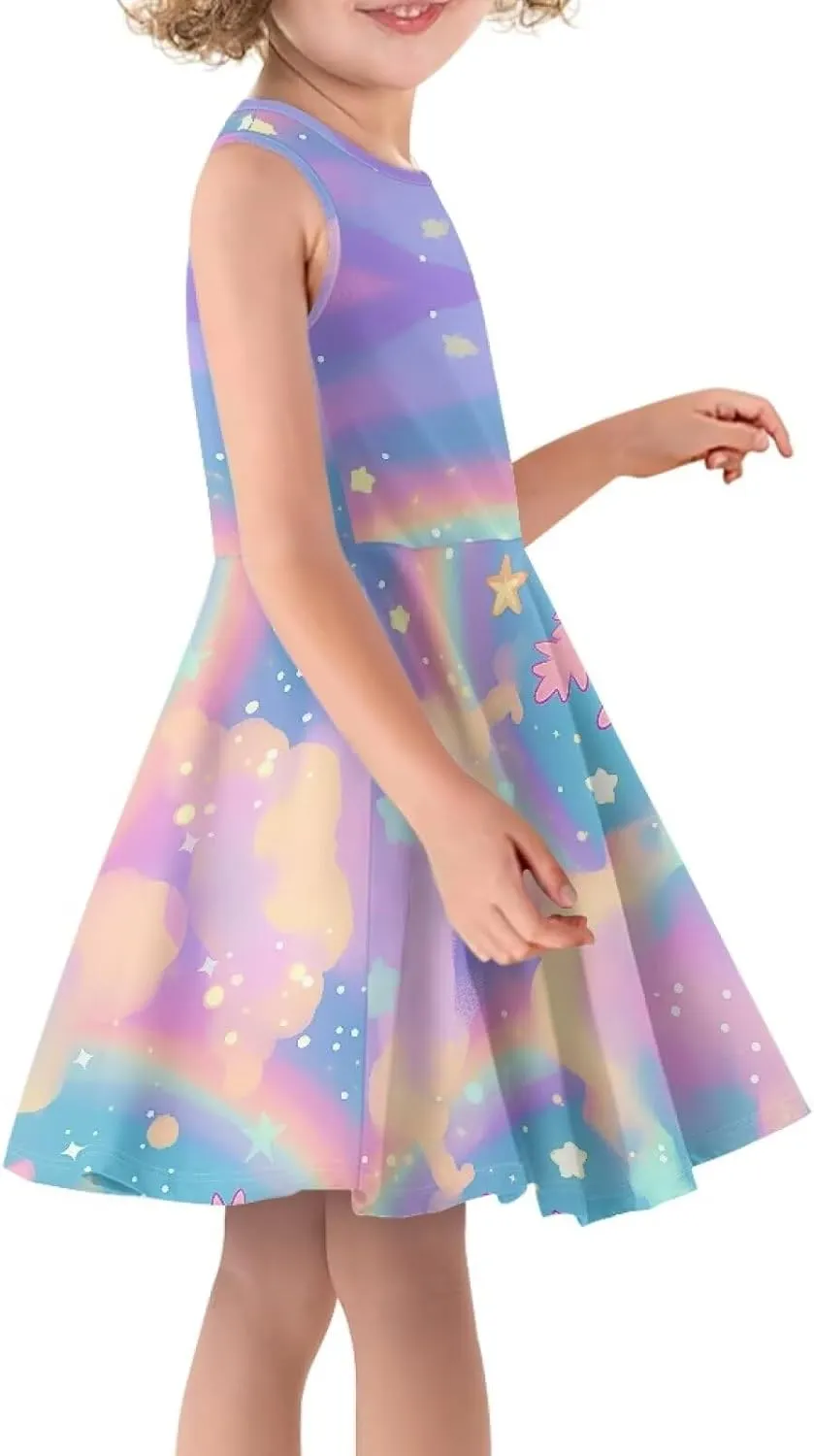 Girls Dresses Size 3-16 Kids Summer Sleeveless Midi Dress Beach Sundress Crewneck A Line Party