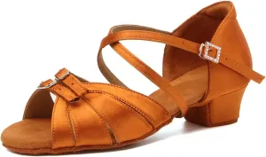 Girls Latin Dance Shoe Satin Salsa Ballroom Low Heel Practice Dance Shoes,Model WLLD28