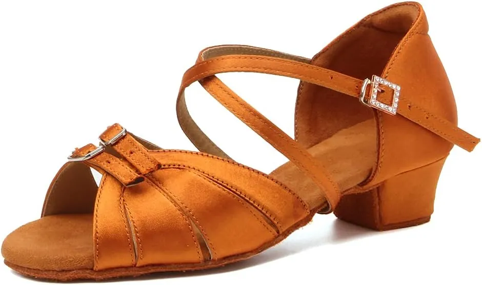 Girls Latin Dance Shoe Satin Salsa Ballroom Low Heel Practice Dance Shoes,Model WLLD28