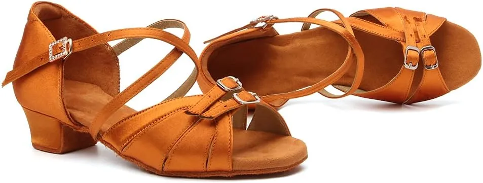 Girls Latin Dance Shoe Satin Salsa Ballroom Low Heel Practice Dance Shoes,Model WLLD28