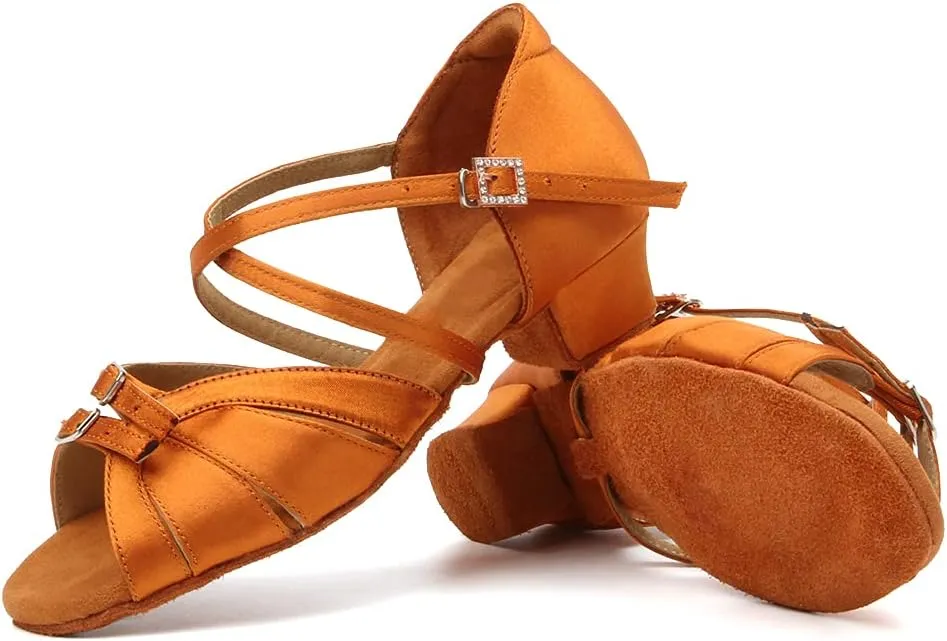 Girls Latin Dance Shoe Satin Salsa Ballroom Low Heel Practice Dance Shoes,Model WLLD28
