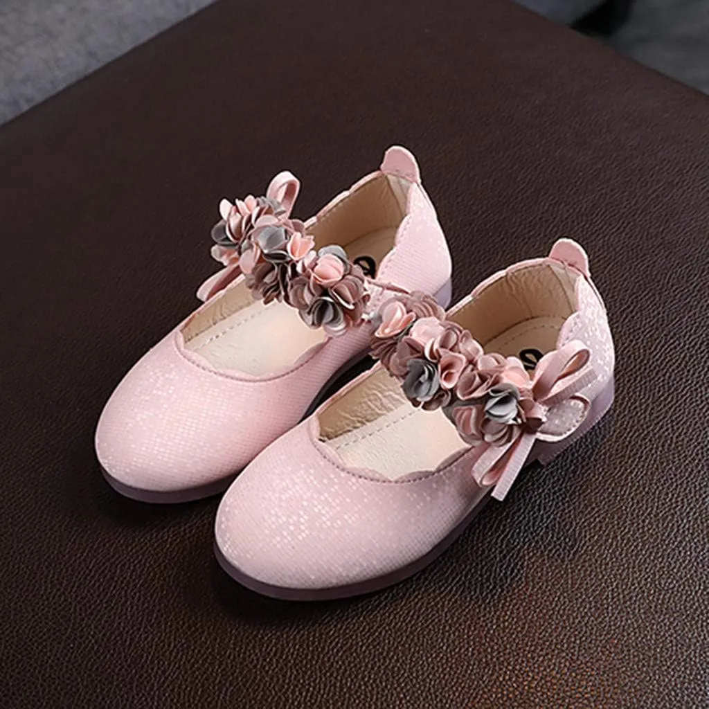 Girls Mary Jane Dress Shoes Flowers Strap Bows Flower Girl Wedding Low Heels Little Girls Pump Shoes