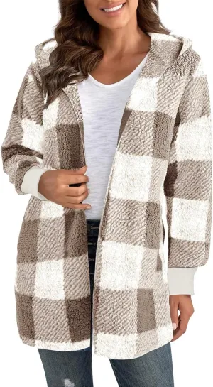 GOFULY Cardigans For Women Trendy Winter Open Front Fuzzy Fleece Hoodie Plaid Sherpa Jackets Winter Y2K Fall Coats Outfits