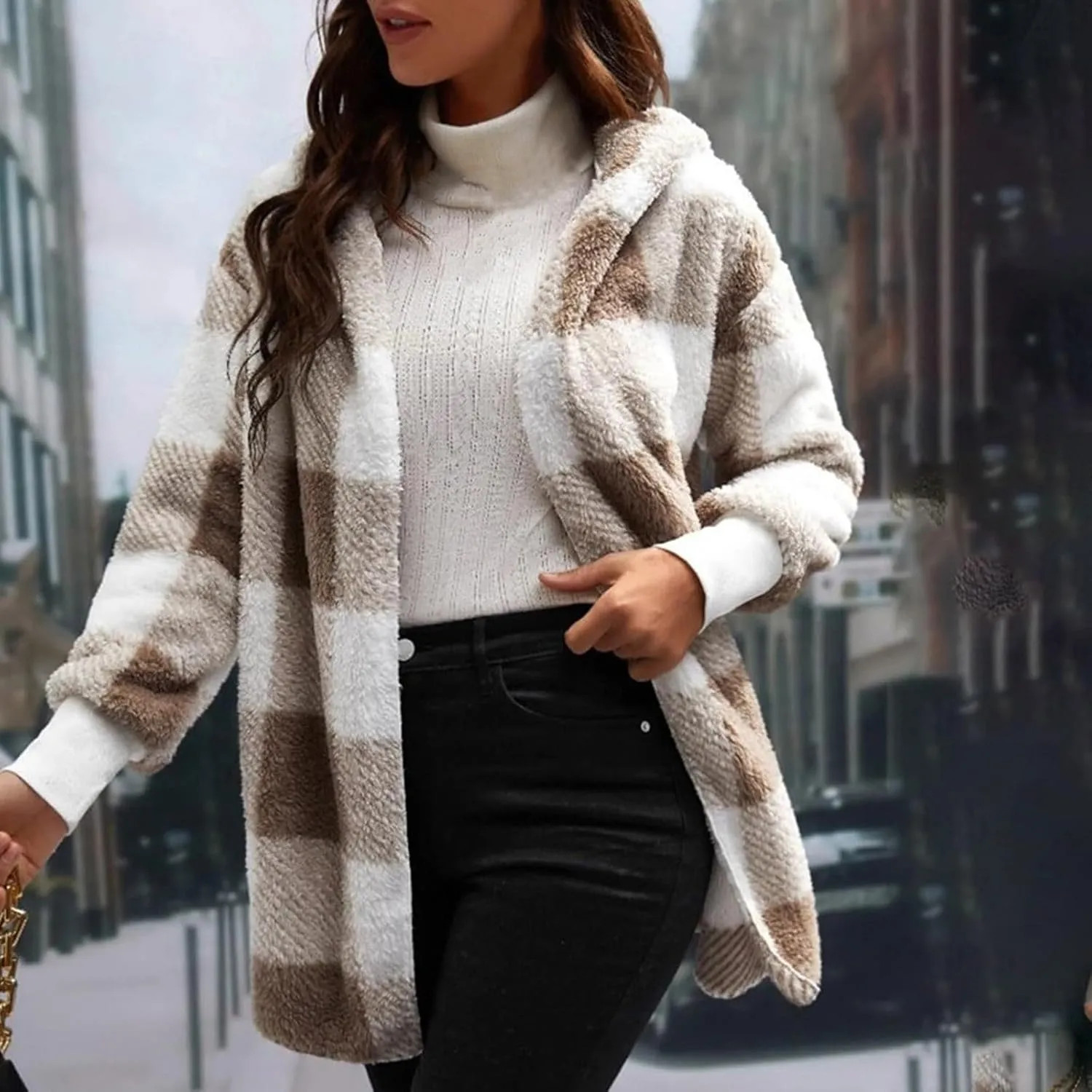 GOFULY Cardigans For Women Trendy Winter Open Front Fuzzy Fleece Hoodie Plaid Sherpa Jackets Winter Y2K Fall Coats Outfits