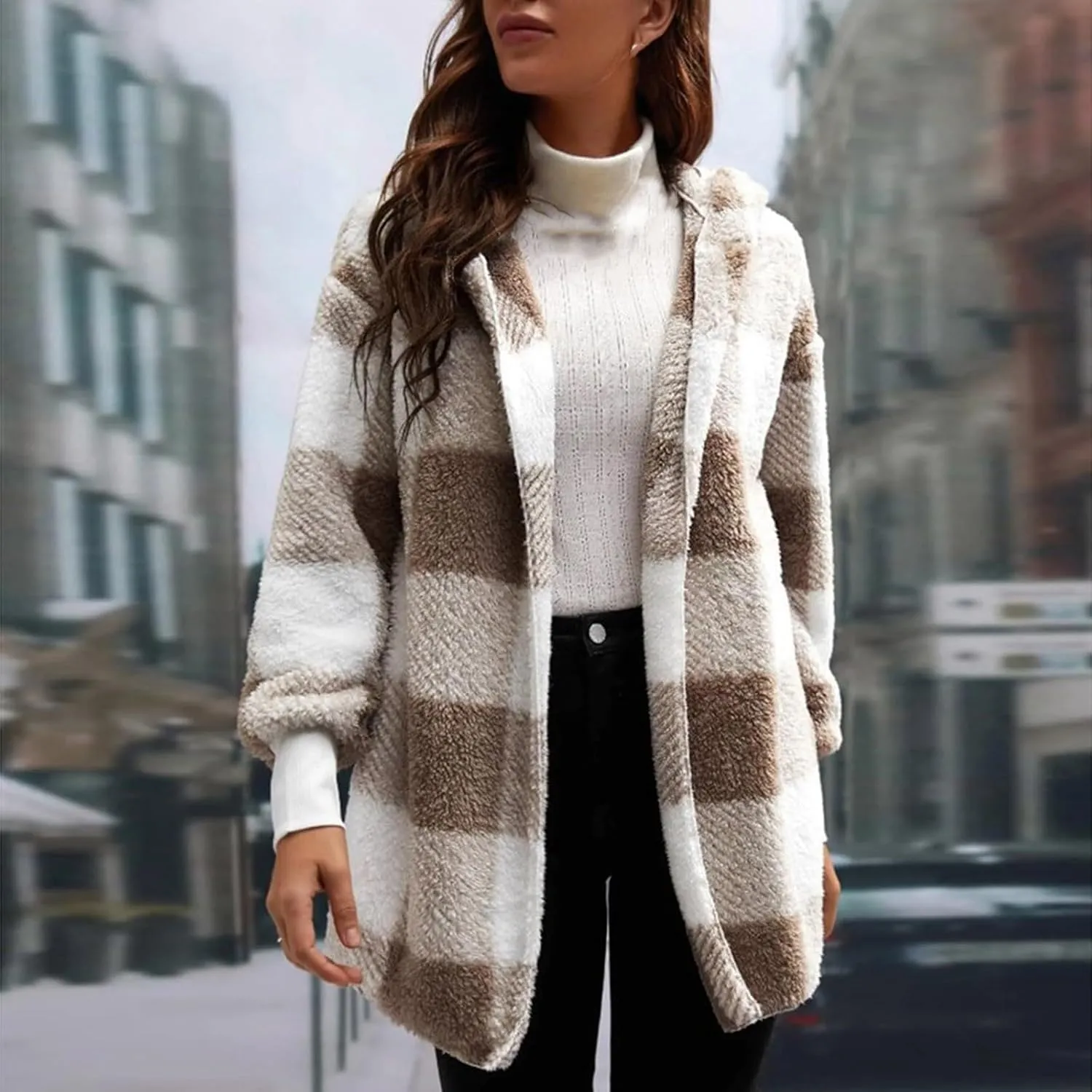 GOFULY Cardigans For Women Trendy Winter Open Front Fuzzy Fleece Hoodie Plaid Sherpa Jackets Winter Y2K Fall Coats Outfits