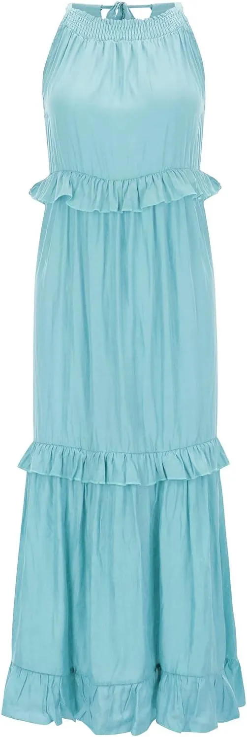 GOKKILRW Maxi Dresses for Women 2025 Summer Halter Long Dress Loose Flowy Boho Swing Smocked Ruffle Beach Dress Resort Wear