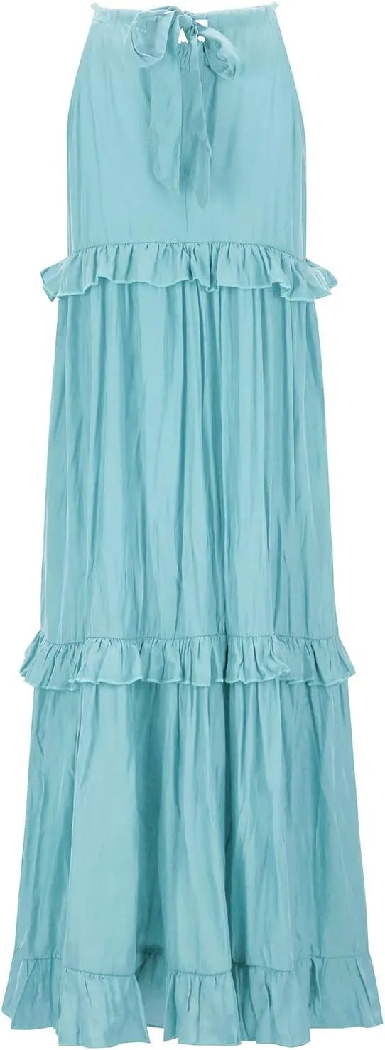 GOKKILRW Maxi Dresses for Women 2025 Summer Halter Long Dress Loose Flowy Boho Swing Smocked Ruffle Beach Dress Resort Wear