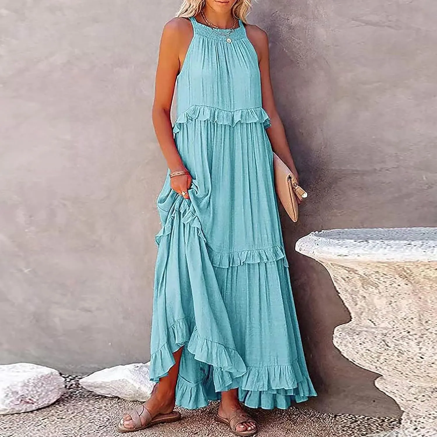 GOKKILRW Maxi Dresses for Women 2025 Summer Halter Long Dress Loose Flowy Boho Swing Smocked Ruffle Beach Dress Resort Wear