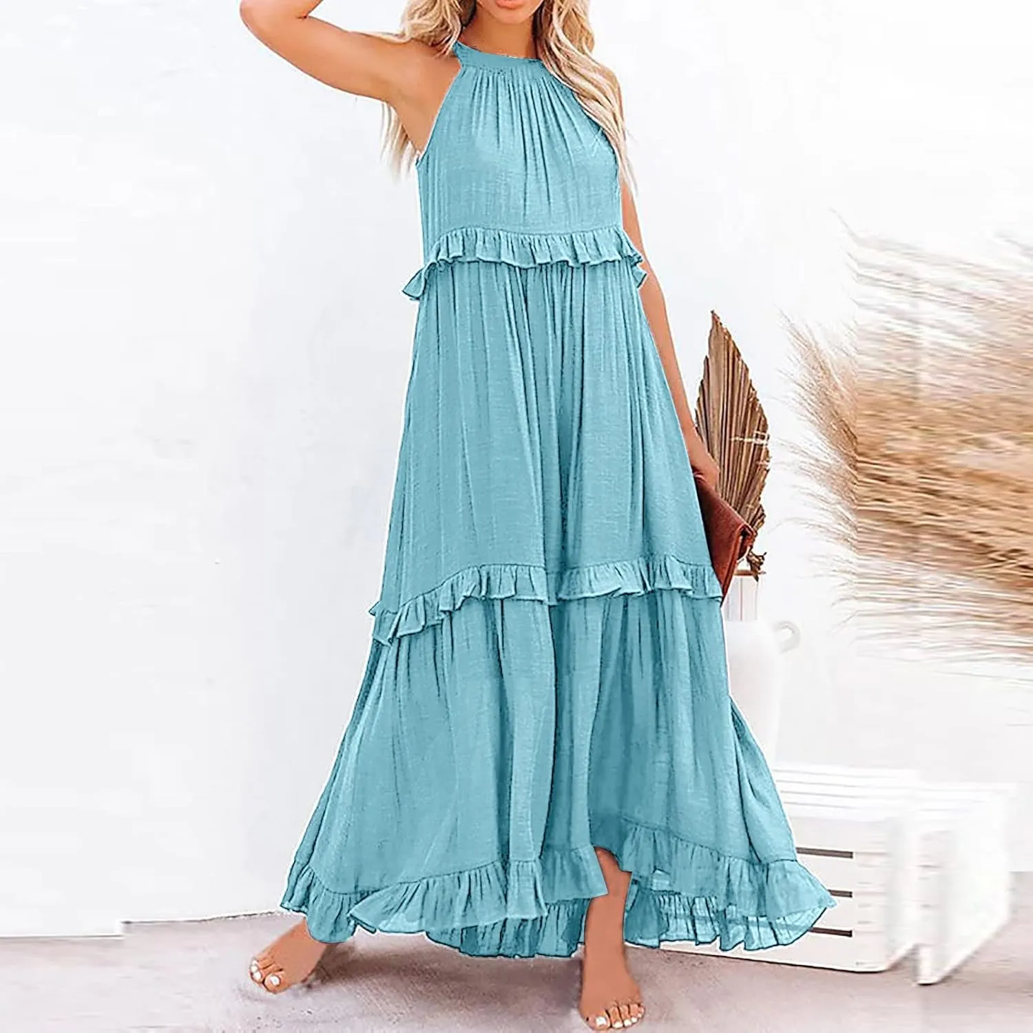GOKKILRW Maxi Dresses for Women 2025 Summer Halter Long Dress Loose Flowy Boho Swing Smocked Ruffle Beach Dress Resort Wear