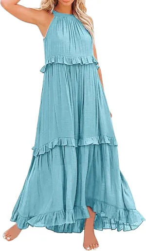 GOKKILRW Maxi Dresses for Women 2025 Summer Halter Long Dress Loose Flowy Boho Swing Smocked Ruffle Beach Dress Resort Wear
