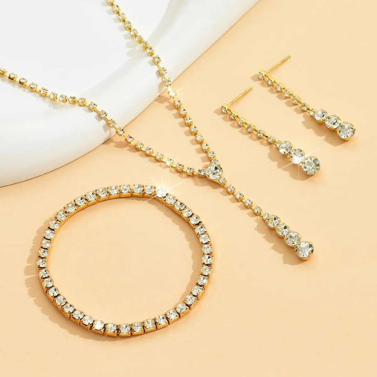 Gold Jewelry Set for Prom,Pearl Necklace Earrings Bracelet Crystal Bridal Wedding Prom Dresses Costume Jewelry Accessories Rhinestone Bridal Jewelry Set for Women