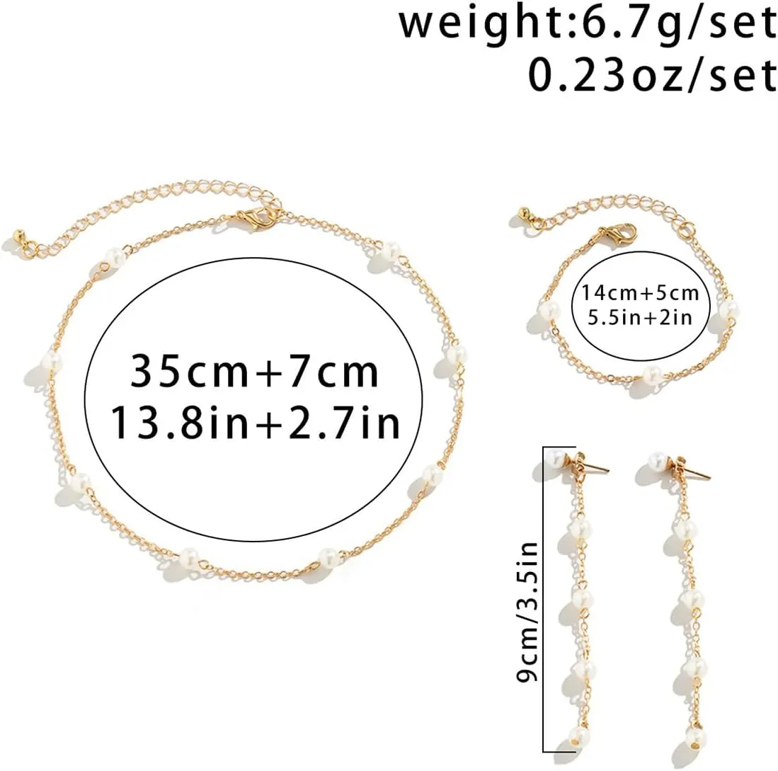 Gold/Silver Pearl Jewelry Set for Women Dainty Pearl Chian Necklace Adjustable Pearl Bracelets Pearl Drop Earrings Jewelry Set for Women Birthday Wedding Jewelry