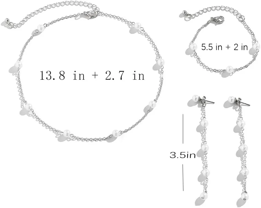 Gold/Silver Pearl Jewelry Set for Women Dainty Pearl Chian Necklace Adjustable Pearl Bracelets Pearl Drop Earrings Jewelry Set for Women Birthday Wedding Jewelry