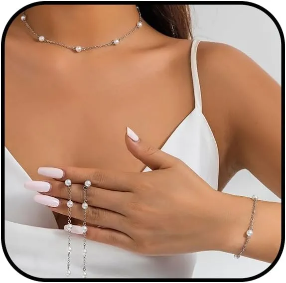 Gold/Silver Pearl Jewelry Set for Women Dainty Pearl Chian Necklace Adjustable Pearl Bracelets Pearl Drop Earrings Jewelry Set for Women Birthday Wedding Jewelry
