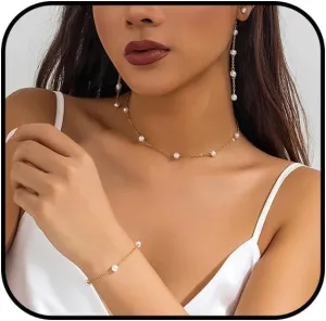 Gold/Silver Pearl Jewelry Set for Women Dainty Pearl Chian Necklace Adjustable Pearl Bracelets Pearl Drop Earrings Jewelry Set for Women Birthday Wedding Jewelry