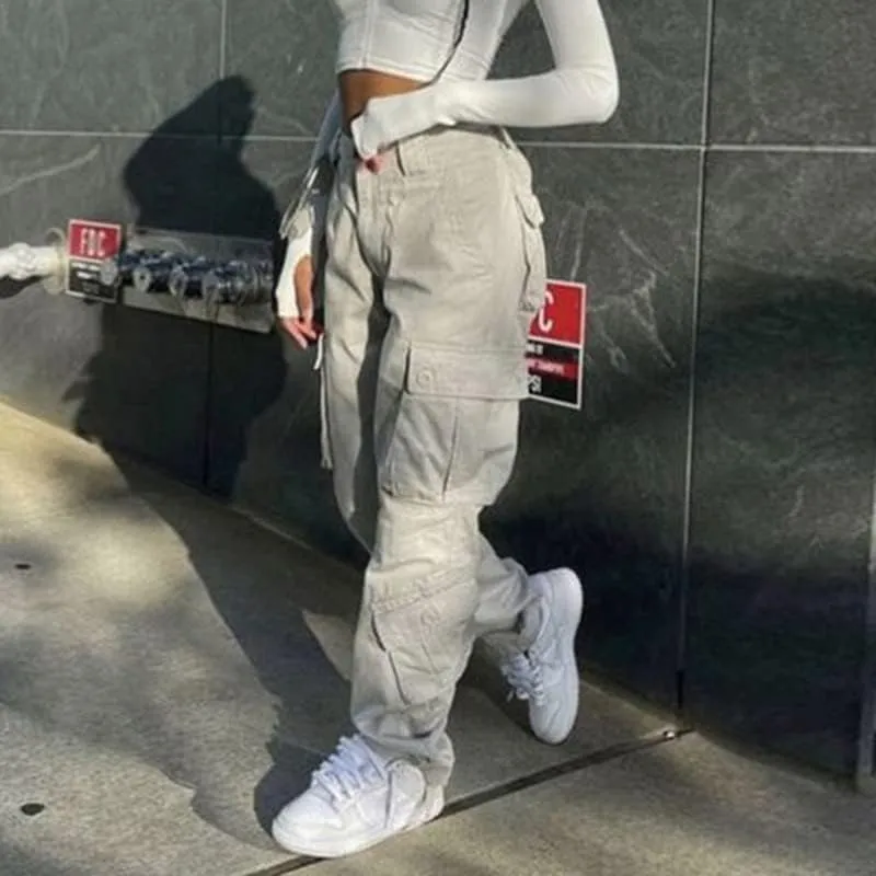 Grunge Cargo Pants for Women Baggy Low Rise Drawstring Cargo Trousers with Pocket Vintage Gothic Streetwear