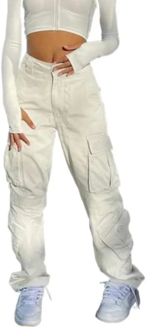 Grunge Cargo Pants for Women Baggy Low Rise Drawstring Cargo Trousers with Pocket Vintage Gothic Streetwear