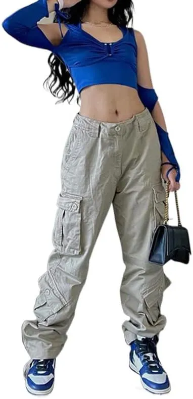 Grunge Cargo Pants for Women Baggy Low Rise Drawstring Cargo Trousers with Pocket Vintage Gothic Streetwear