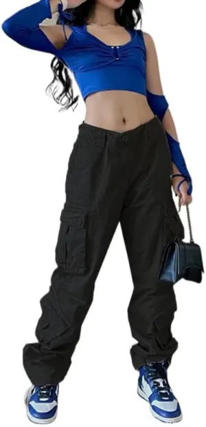 Grunge Cargo Pants for Women Baggy Low Rise Drawstring Cargo Trousers with Pocket Vintage Gothic Streetwear