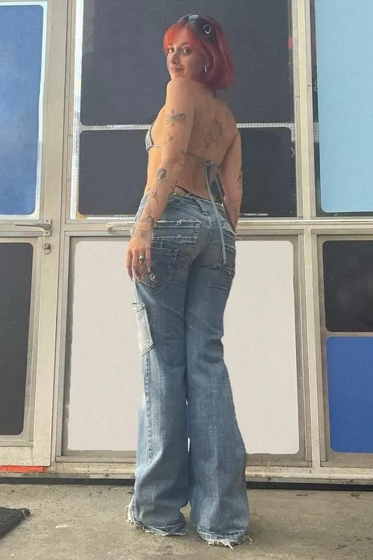 Grunge Cargo Pants for Women Baggy Low Rise Drawstring Cargo Trousers with Pocket Vintage Gothic Streetwear