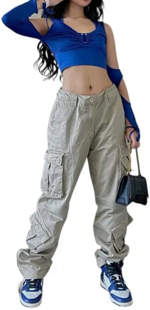 Grunge Cargo Pants for Women Baggy Low Rise Drawstring Cargo Trousers with Pocket Vintage Gothic Streetwear