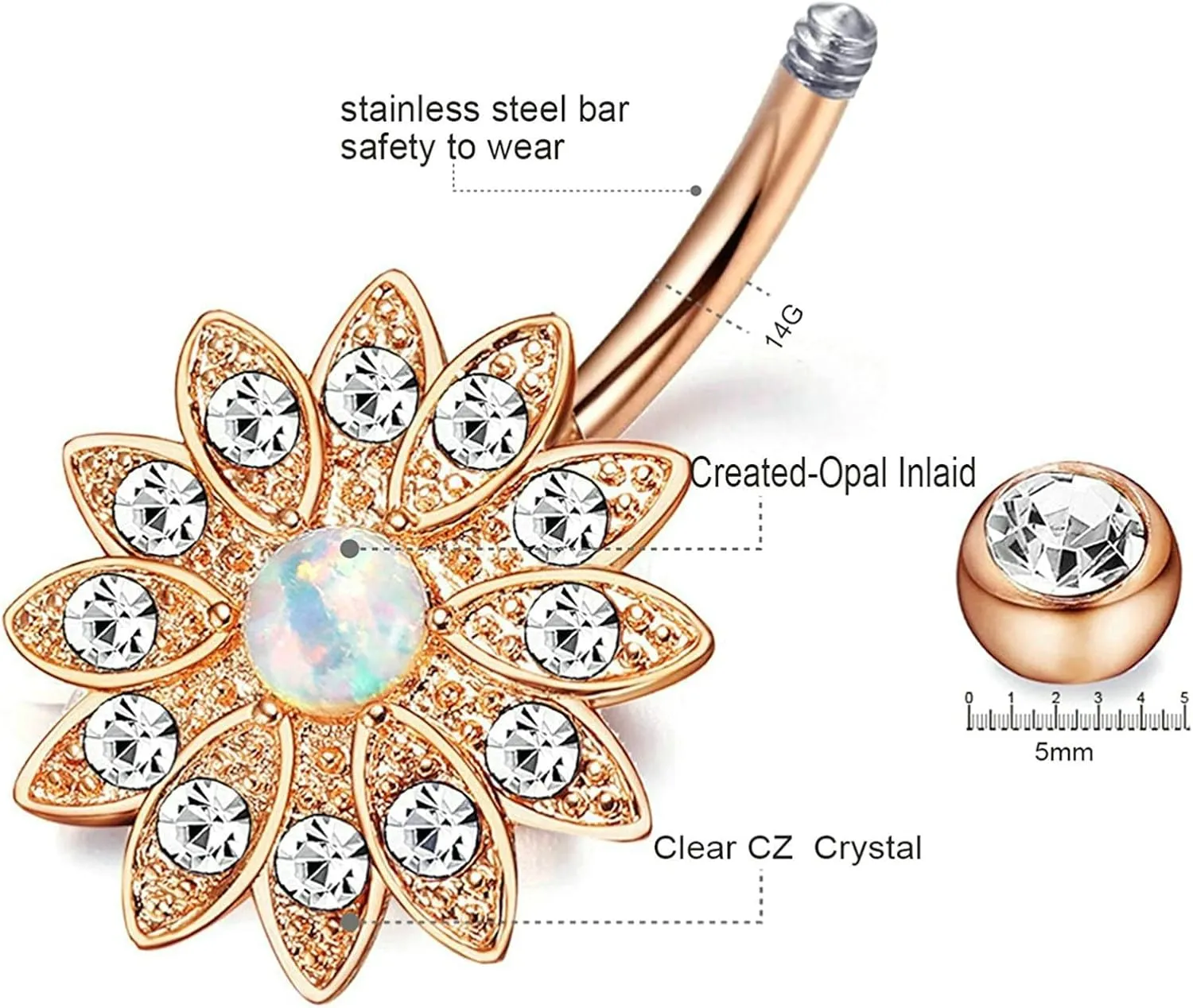 Gualiy Body Piercing Jewelry Surgical Steel Flower with Cubic Zirconia Belly Button Rings Jewelry