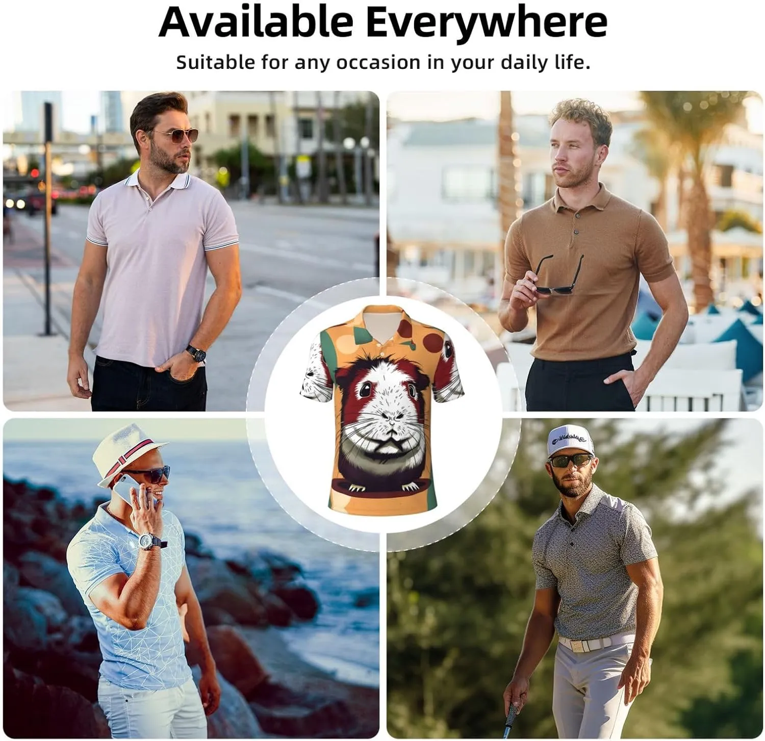 Guinea Pig Pattern Print Men's Polo Shirts Short Sleeve Moisture Wicking Shirts Fashion Golf Shirts