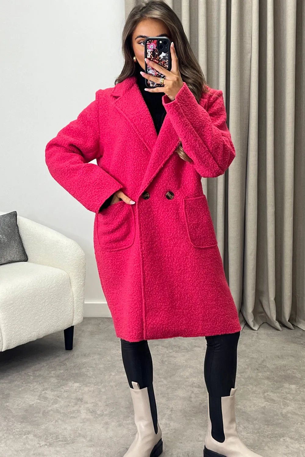 Harietta Hot Pink Teddy Borg Button Front Longline Jacket