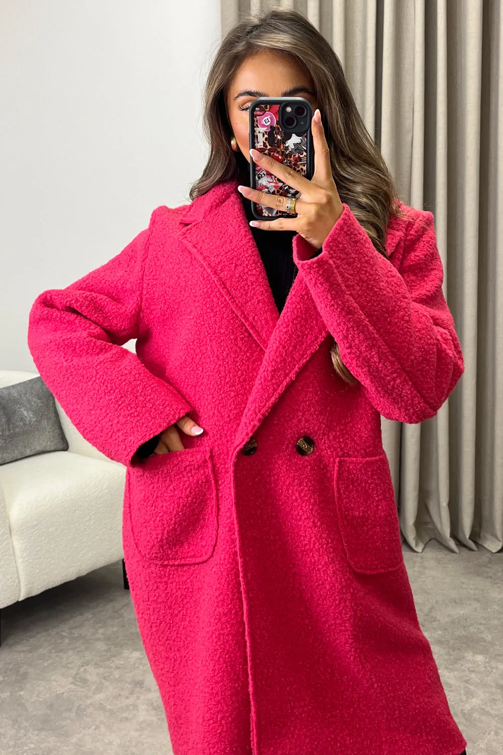 Harietta Hot Pink Teddy Borg Button Front Longline Jacket