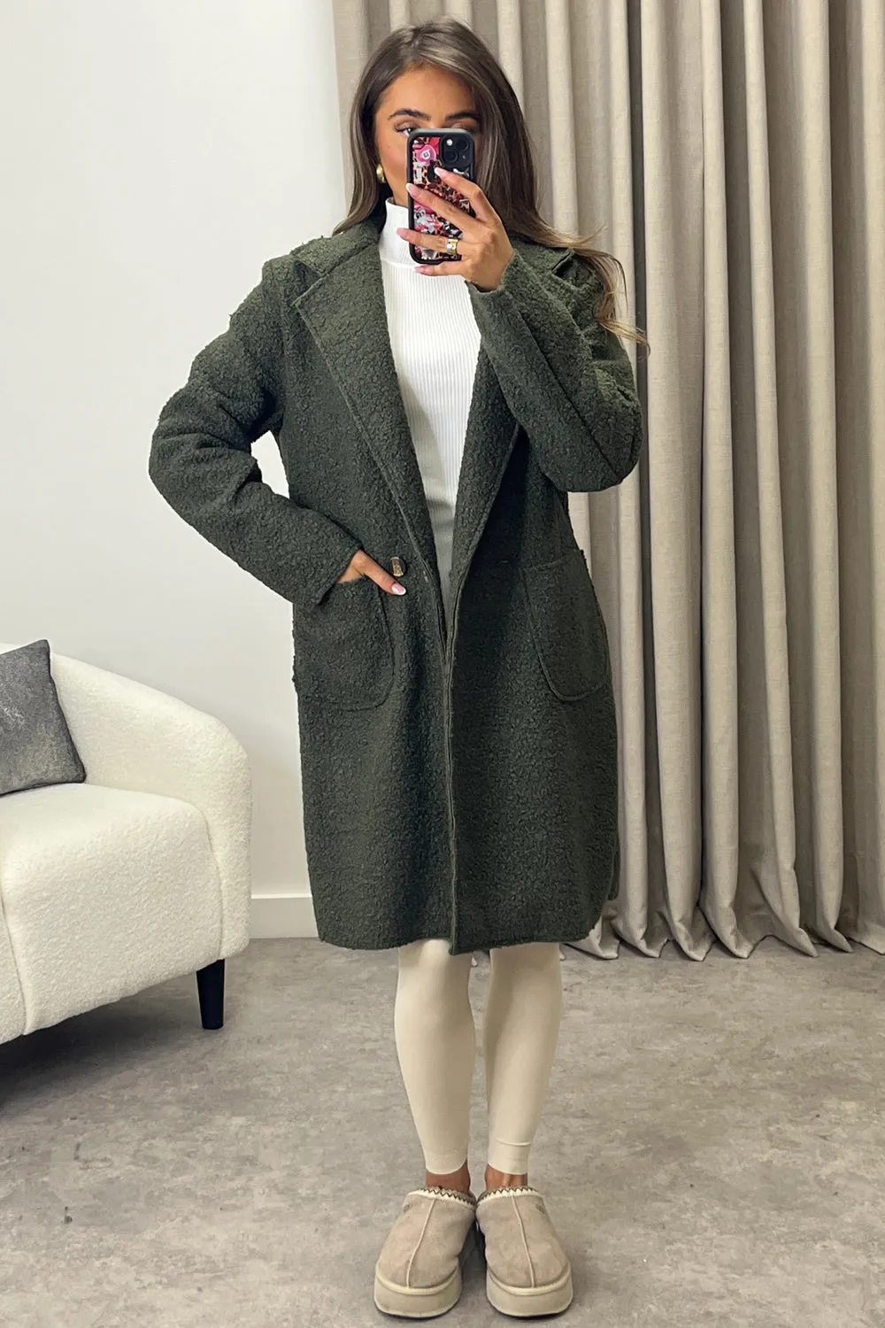 Harietta Khaki Teddy Borg Button Front Longline Jacket