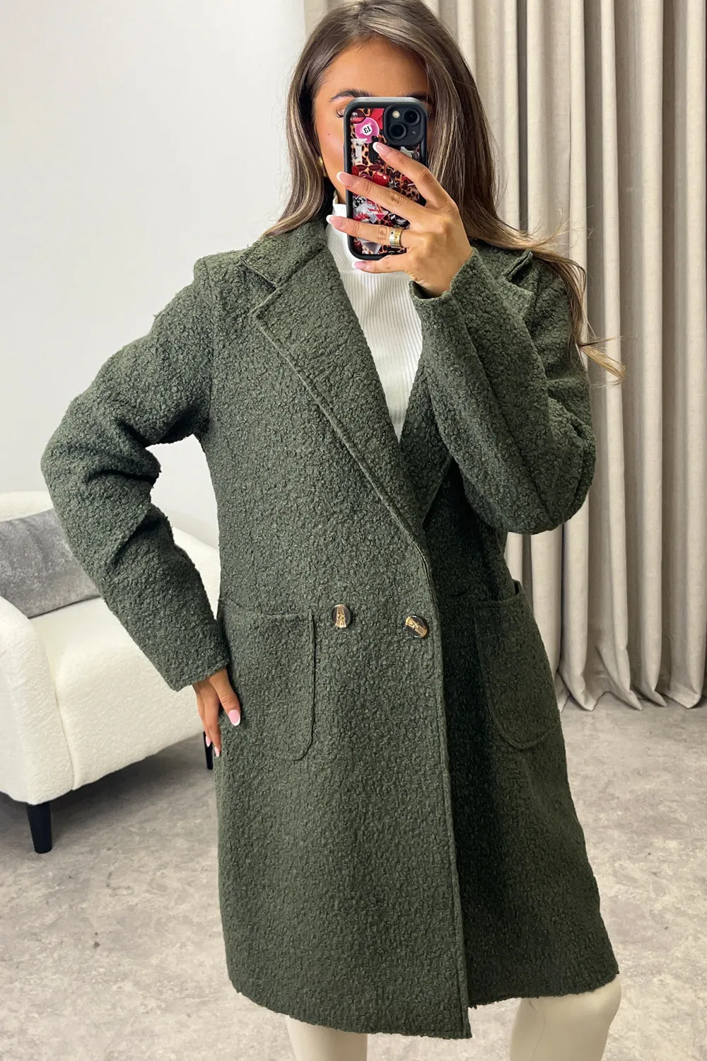 Harietta Khaki Teddy Borg Button Front Longline Jacket