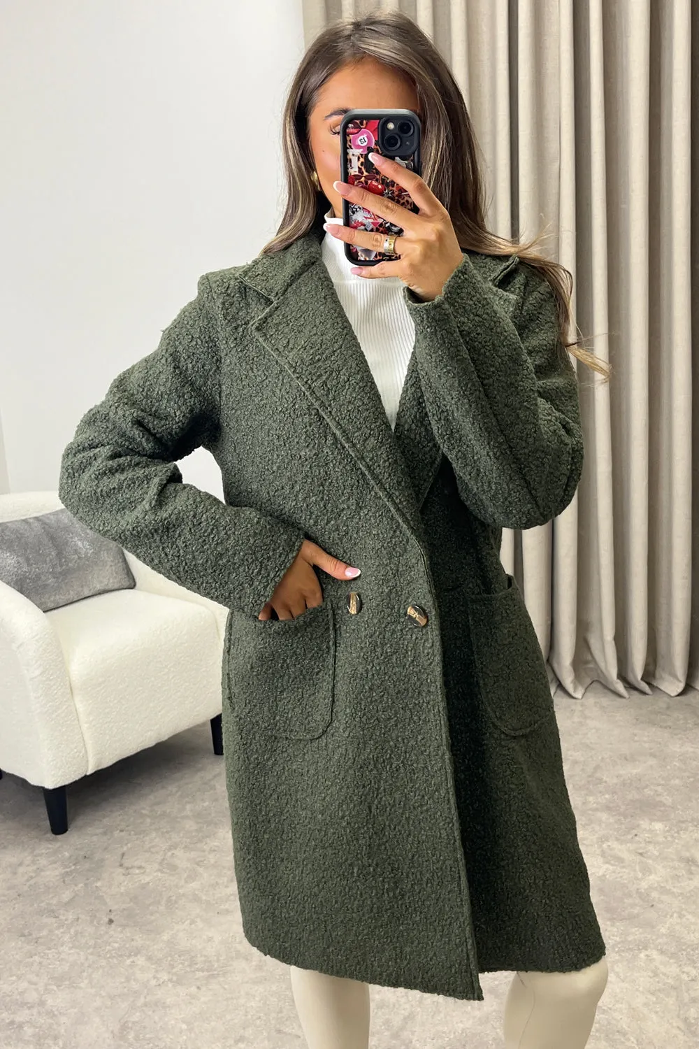 Harietta Khaki Teddy Borg Button Front Longline Jacket