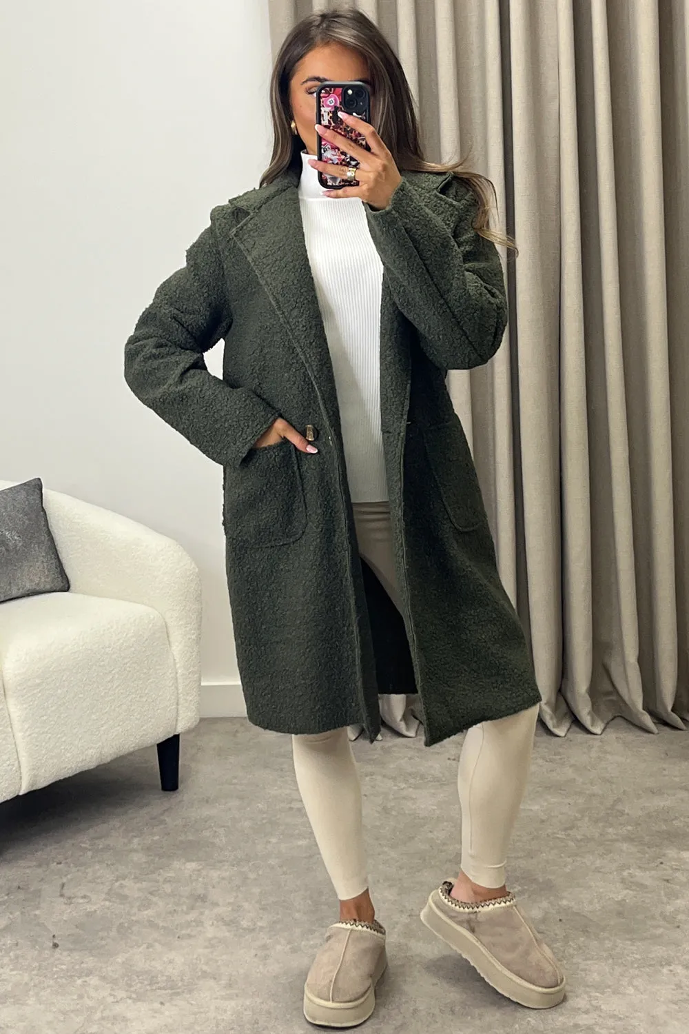 Harietta Khaki Teddy Borg Button Front Longline Jacket