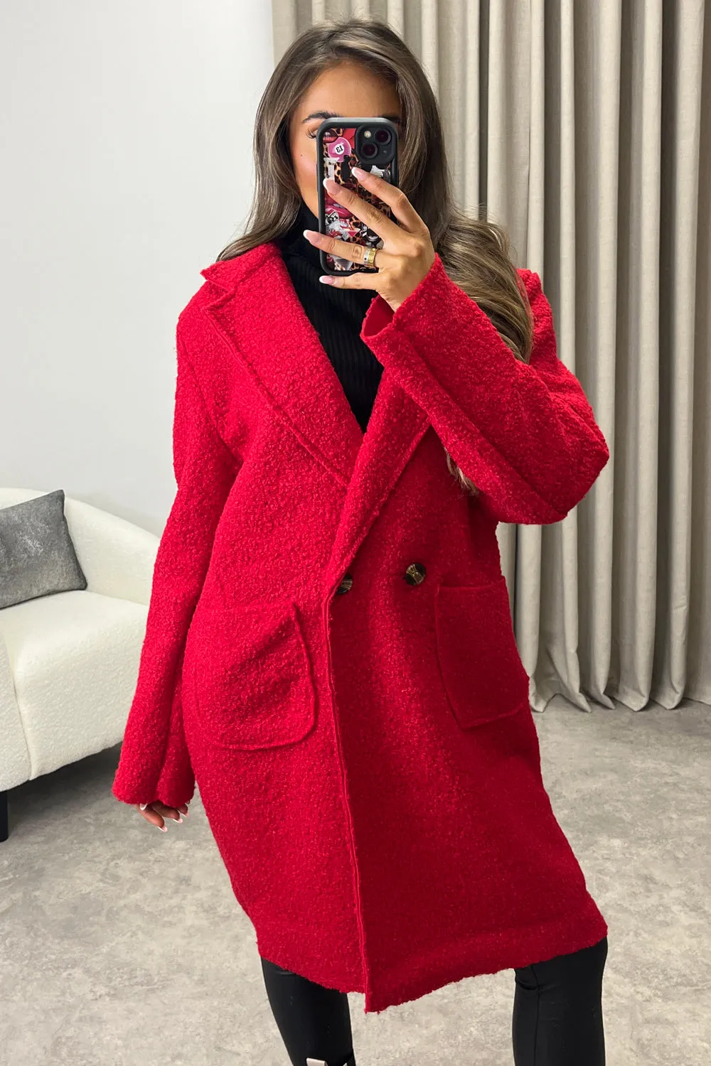 Harietta Red Teddy Borg Button Front Longline Jacket
