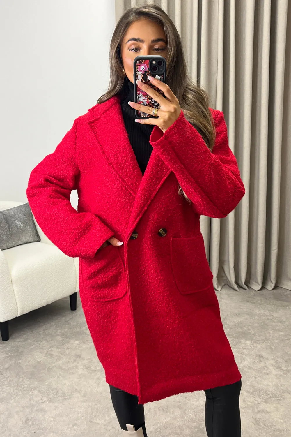 Harietta Red Teddy Borg Button Front Longline Jacket