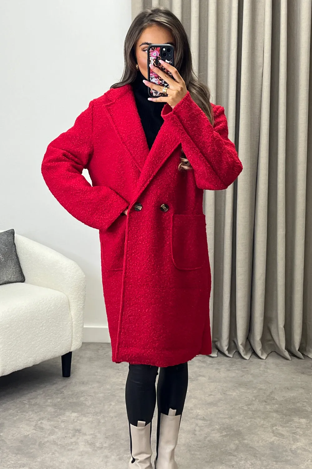 Harietta Red Teddy Borg Button Front Longline Jacket