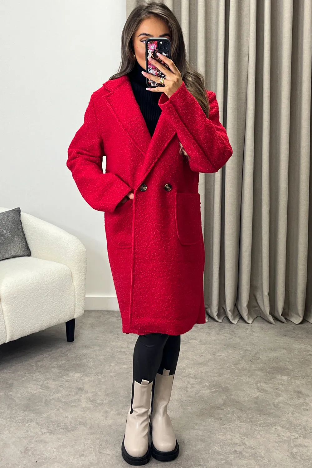 Harietta Red Teddy Borg Button Front Longline Jacket