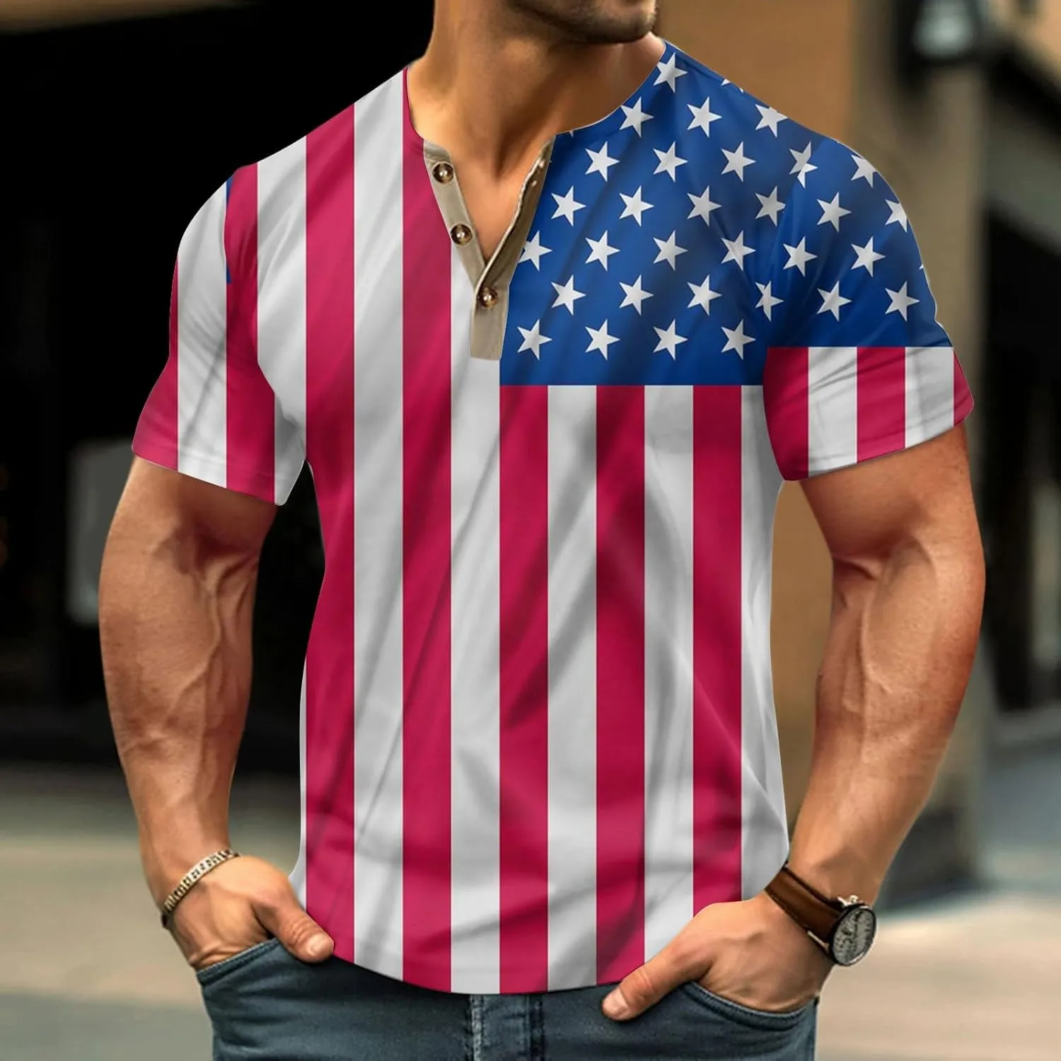 Henley Shirts 4th of July Shirts Short Sleeve Star Striped Summer Shirts Graphic Tees