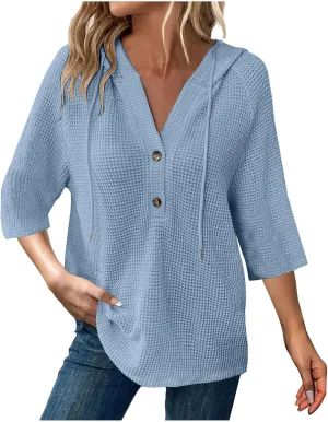 Henley Shirts for Women 3/4 Length Sleeve Button Summer Waffle Hoodies Pullover Cute Vneck Tops Elbow Sleeve Shirts