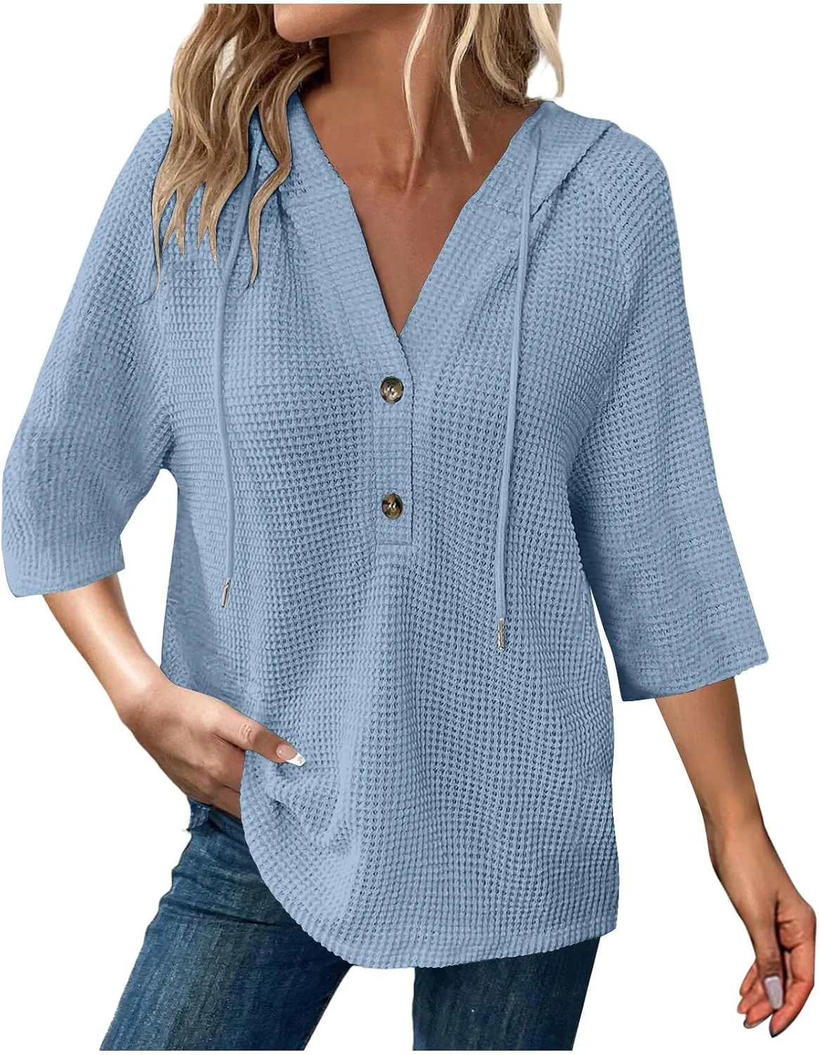 Henley Shirts for Women 3/4 Length Sleeve Button Summer Waffle Hoodies Pullover Cute Vneck Tops Elbow Sleeve Shirts