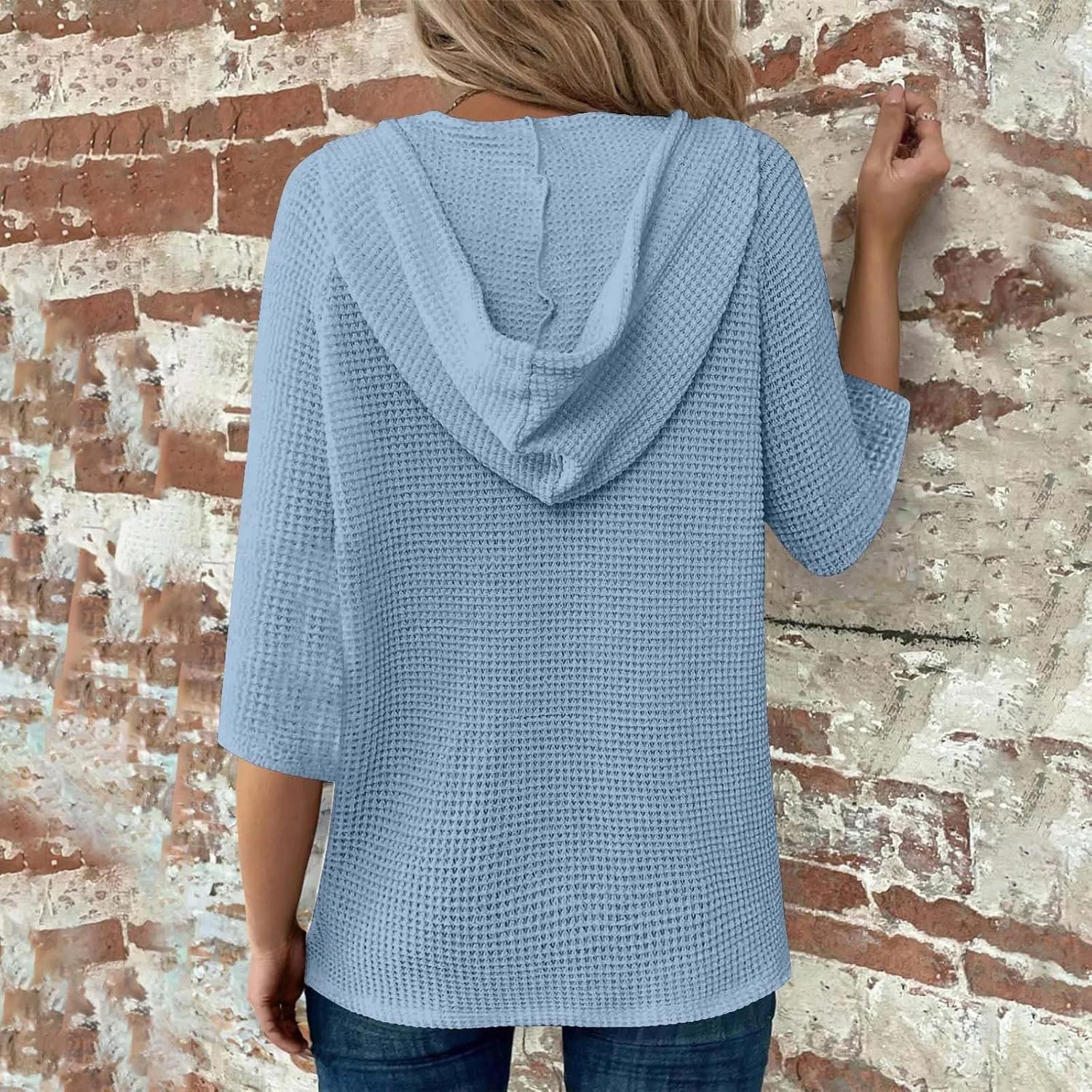 Henley Shirts for Women 3/4 Length Sleeve Button Summer Waffle Hoodies Pullover Cute Vneck Tops Elbow Sleeve Shirts