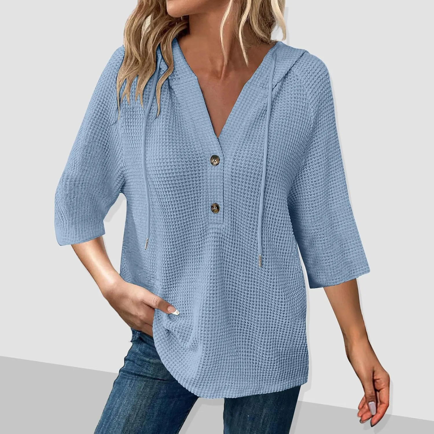 Henley Shirts for Women 3/4 Length Sleeve Button Summer Waffle Hoodies Pullover Cute Vneck Tops Elbow Sleeve Shirts