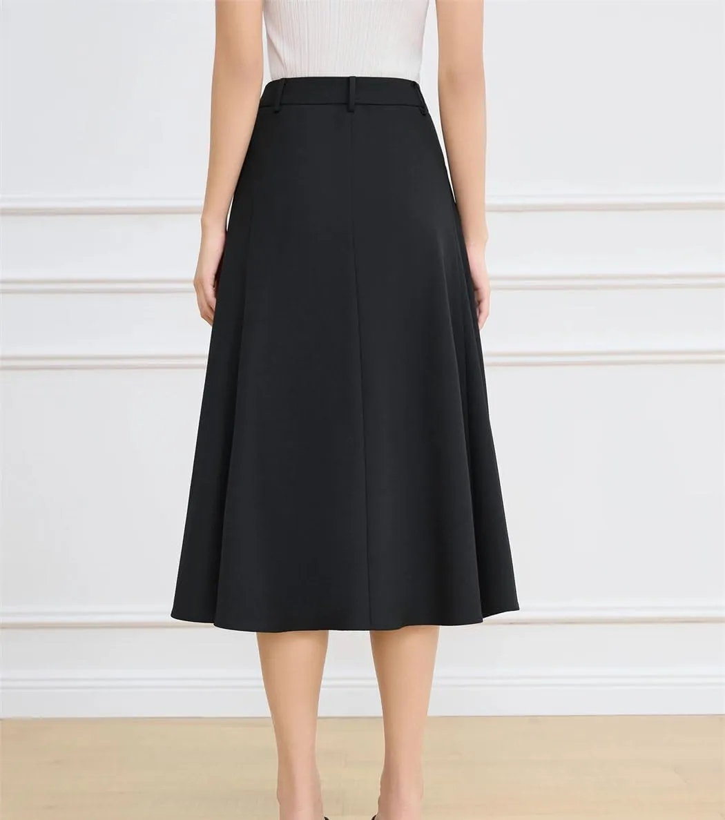 High-Waist Elegant A-Line Skirt Solid Color Draped Midi Skirts Office Ladies Business Casual Skirt