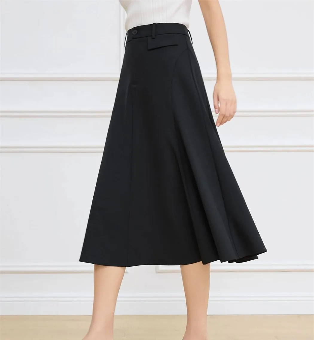 High-Waist Elegant A-Line Skirt Solid Color Draped Midi Skirts Office Ladies Business Casual Skirt