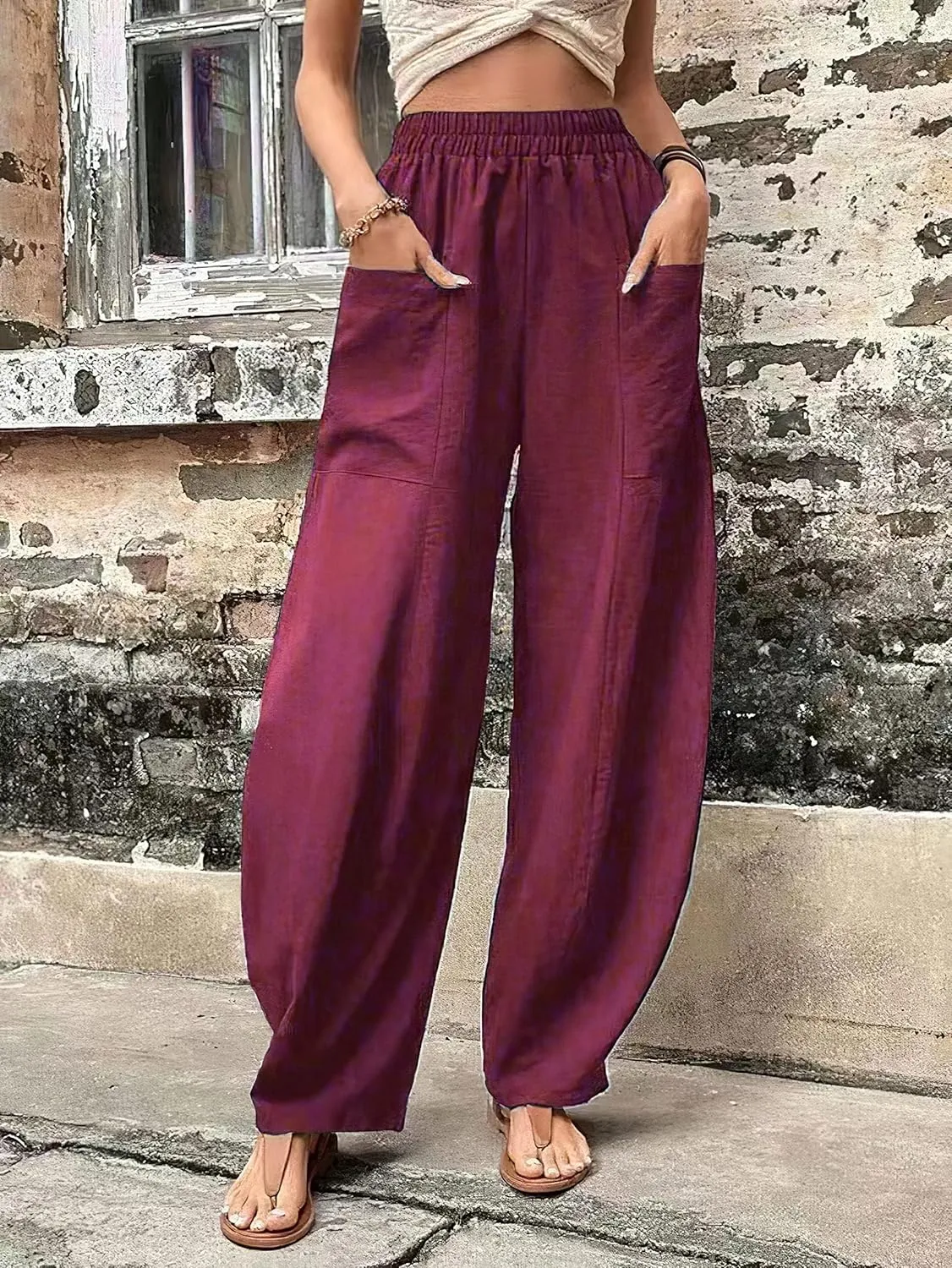 High Waist Relaxed Fit Lantern Trousers Plus Size Cotton Linen Casual Summer Elastic Pants for Women