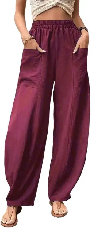 High Waist Relaxed Fit Lantern Trousers Plus Size Cotton Linen Casual Summer Elastic Pants for Women