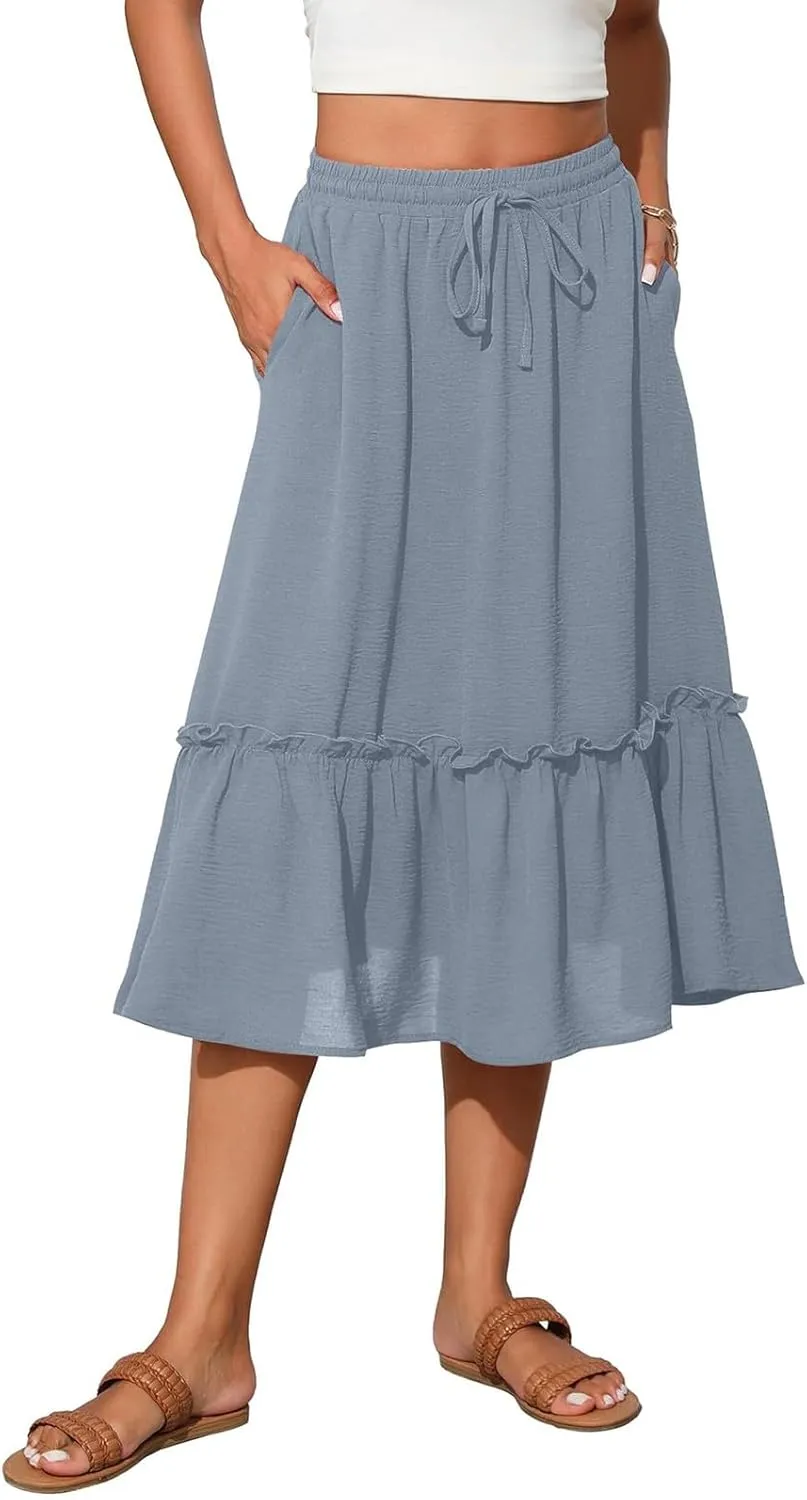High Waisted Skirts for Women 2025 Cotton Flowy A Line Tiered Midi Skirt with Pockets Summer Beach Comfy Casual Skirt